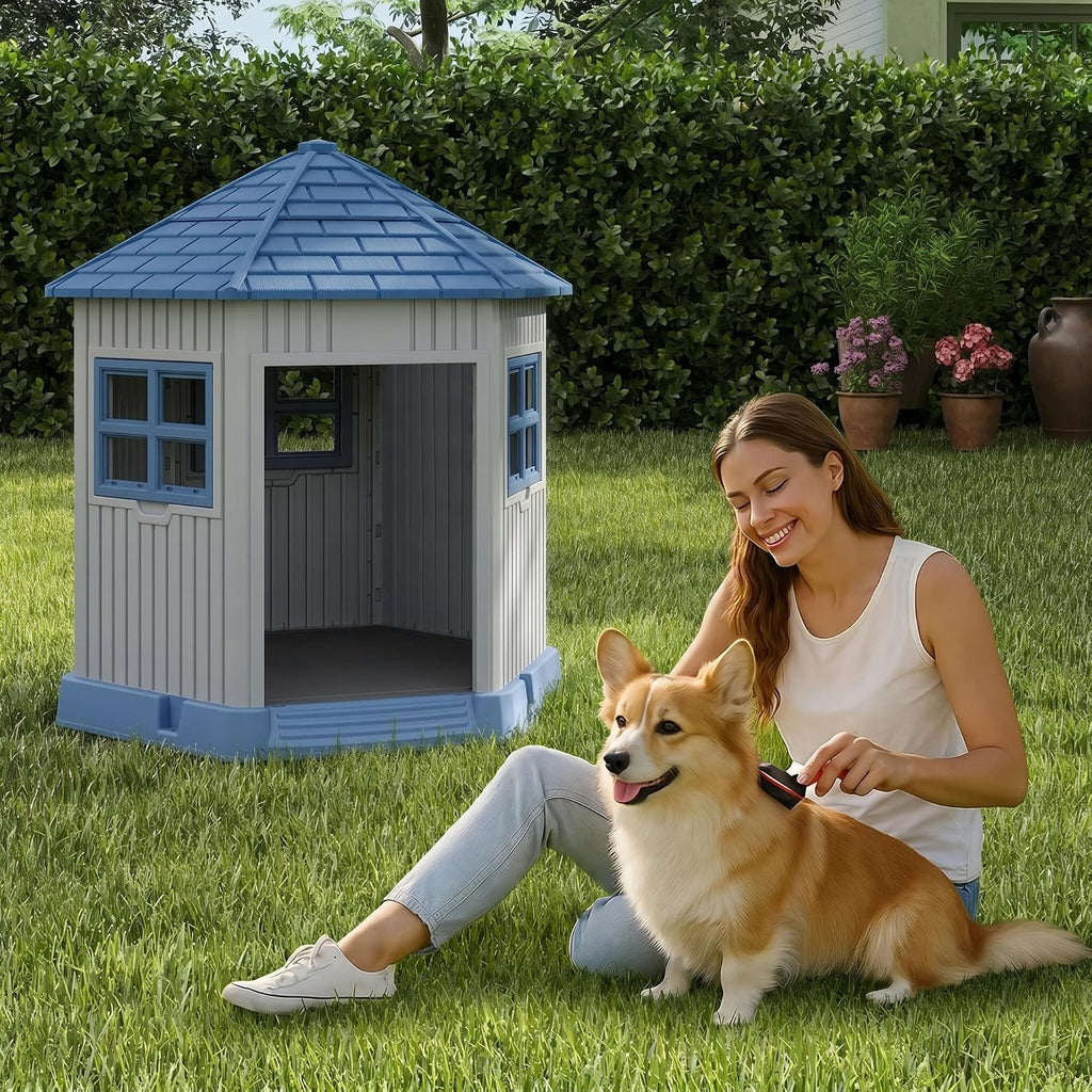 Dog House Indoor Outdoor Durable Large Dog Shelter with Outside Dog Kennel with Window and Elevated Floor for Small