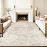 Washable Abstract Area Rug 8x10, Anti-Slip Backing, Stain Resistant Foldable Machine Washable Rug for Living Room, Beige