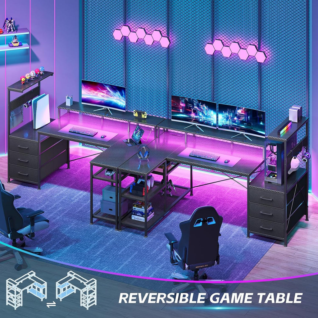 L Shaped Gaming Desk with Drawers & Storage Shelves for Game, Home Office | Corner Gaming Desk with Power Outlets &