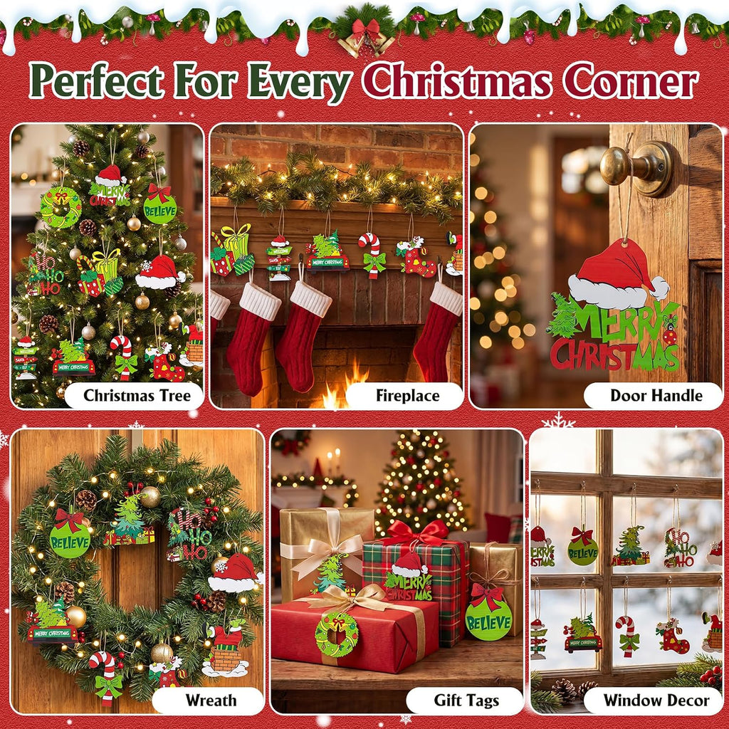 Christmas Ornaments for Tree, Hanging Wooden Christmas Decorations - Set of 36