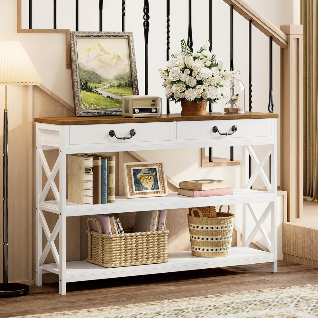 47.2" Farmhouse Console Table, Sofa Table with Drawer, Narrow Long Entry Table with 2 Shelf , White/Walnut