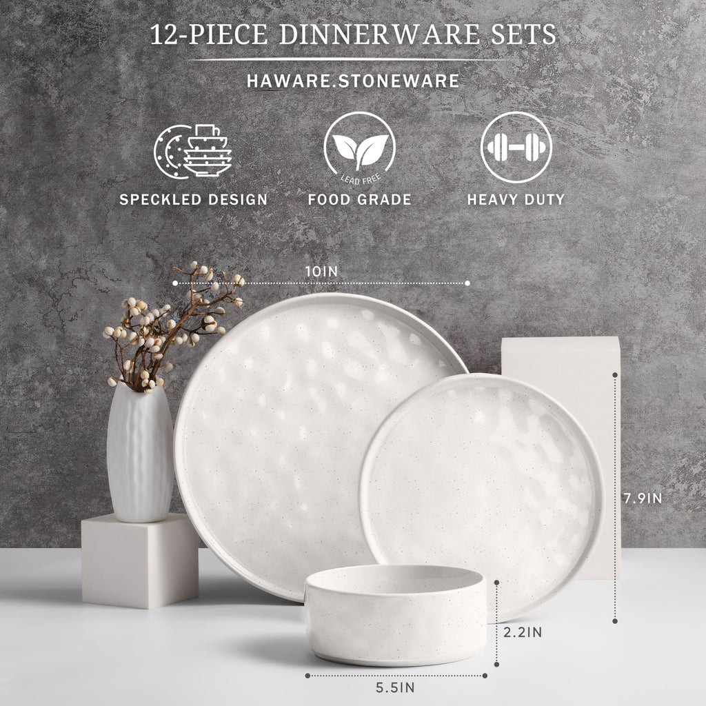 Dinnerware Sets, 12-Piece Plates and Bowls Set, Speckled White