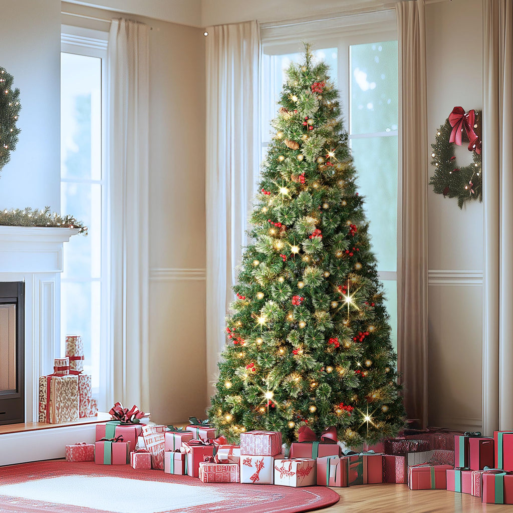 6 FT Prelit Pop Up with Lights, Artificial Decorated with Berries and Pine Cones, Tall Foldable Tree with Metal Base