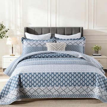 Quilts, Blue Gray Floral Striped Design Quilt Set