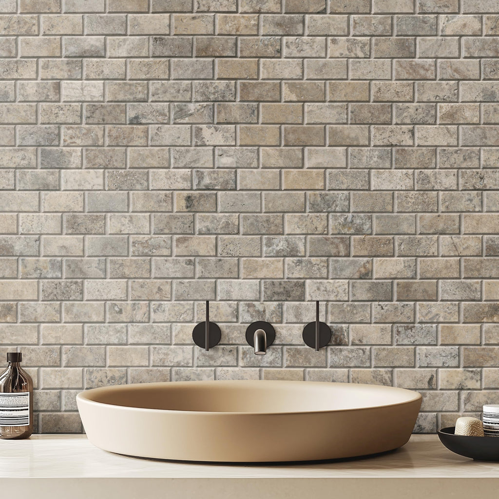 Travertine Mosaic Tile | Silver Travertine and Beveled | 12" x 12"