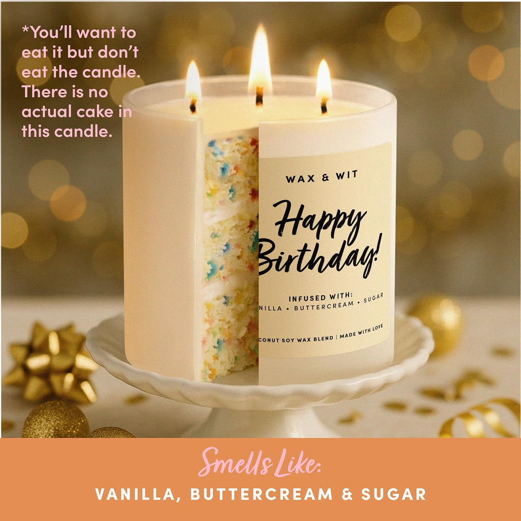 Happy Birthday Candle for Women - Birthday Cake Scented 3-Wick, Vanilla Buttercream, Large 14.5 oz Coconut Soy Wax
