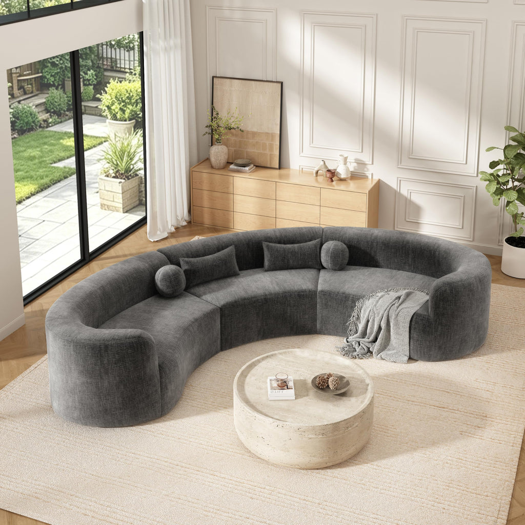 6 Seat Modular Curved Sectional Sofa, Frameless Chenille Arc Couch with 4 Pillows, Free Combination with Hook and