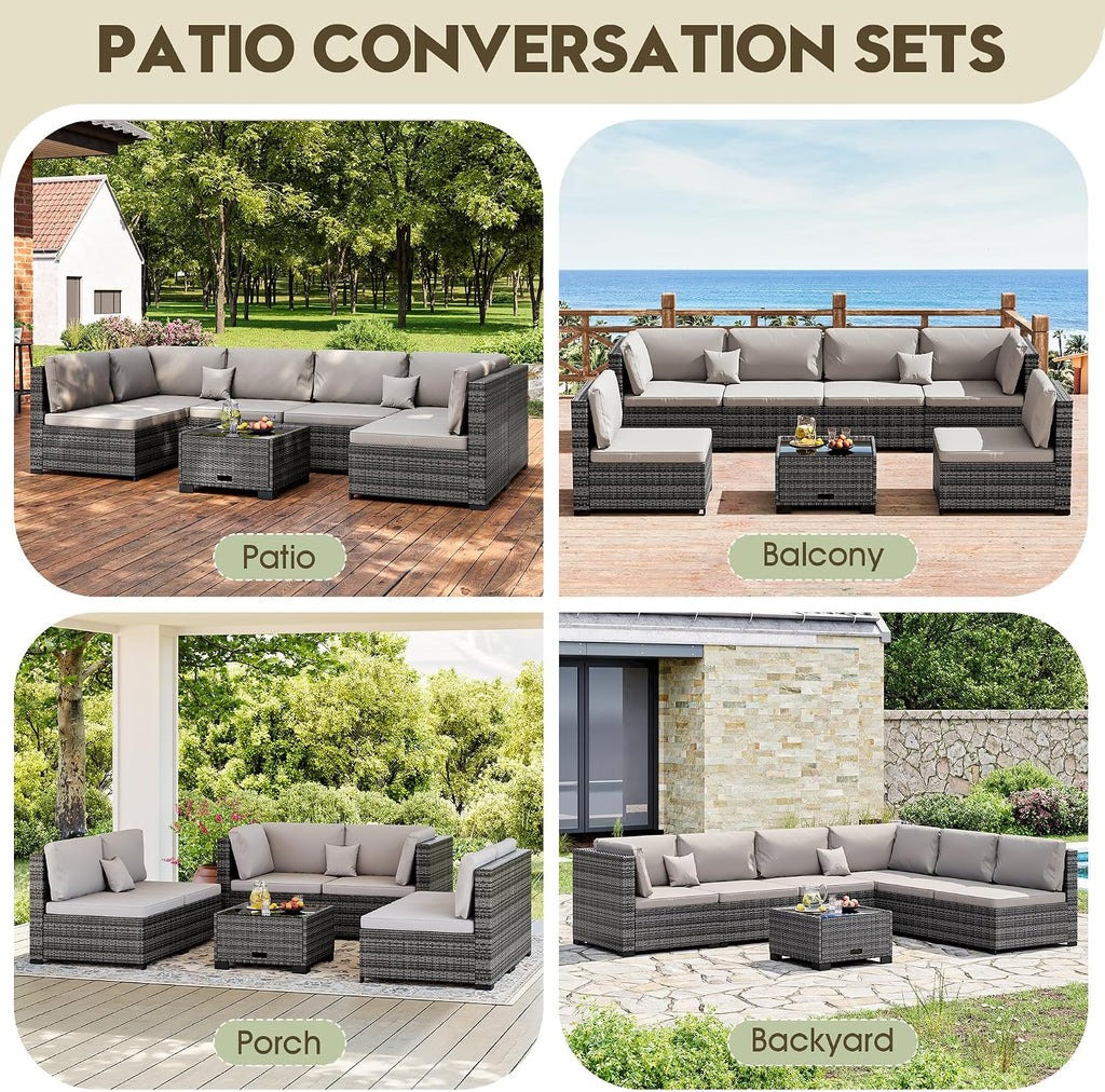 7 Piece Patio Outdoor Furniture Set, Outdoor Sectional, All-Weather Hand-Woven Wicker Patio Sectional Sofa, Rattan