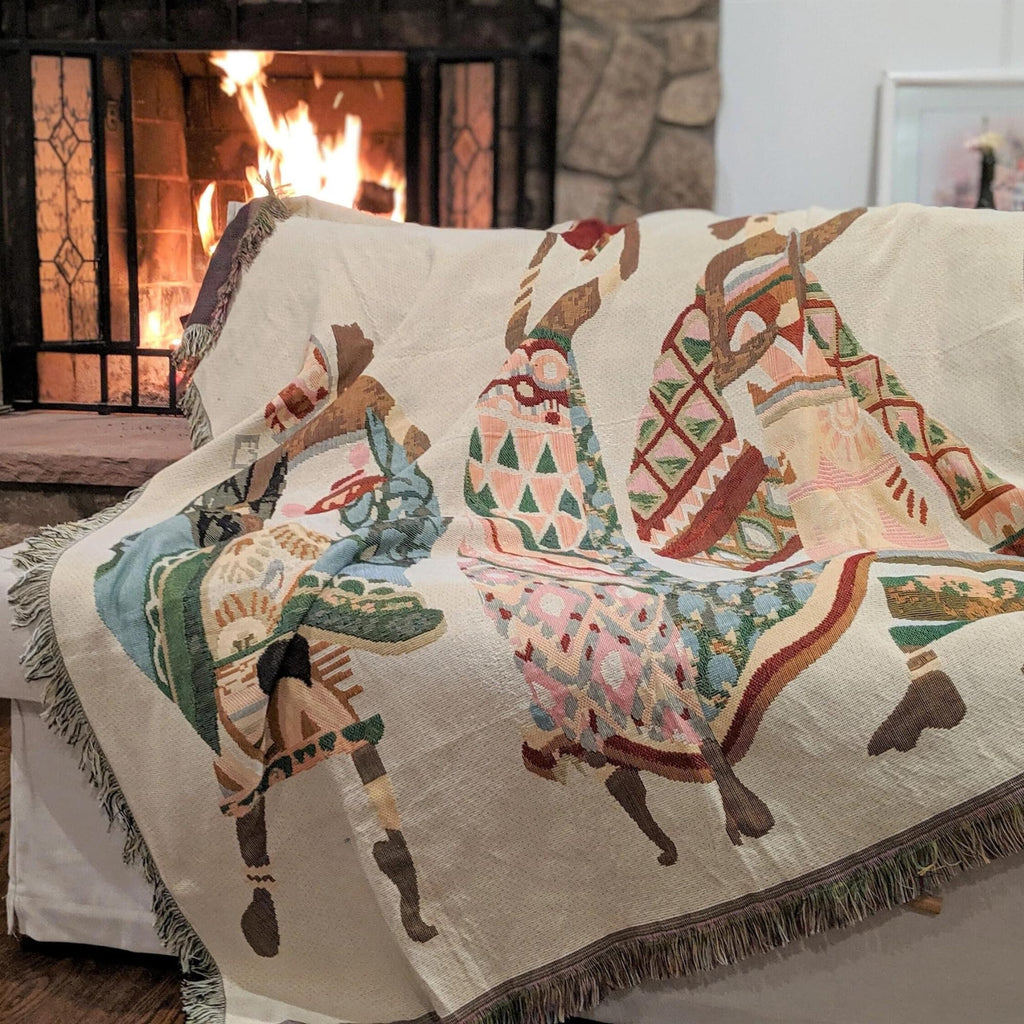 African Woven Tapestry Throw Blanket, Dancing Women, 50x60