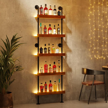 Industrial Bar Shelves, Wine Rack Wall Mounted, Walnut, 24 Inch | solid pinewood, industrial iron pipe, 5 tier, 30