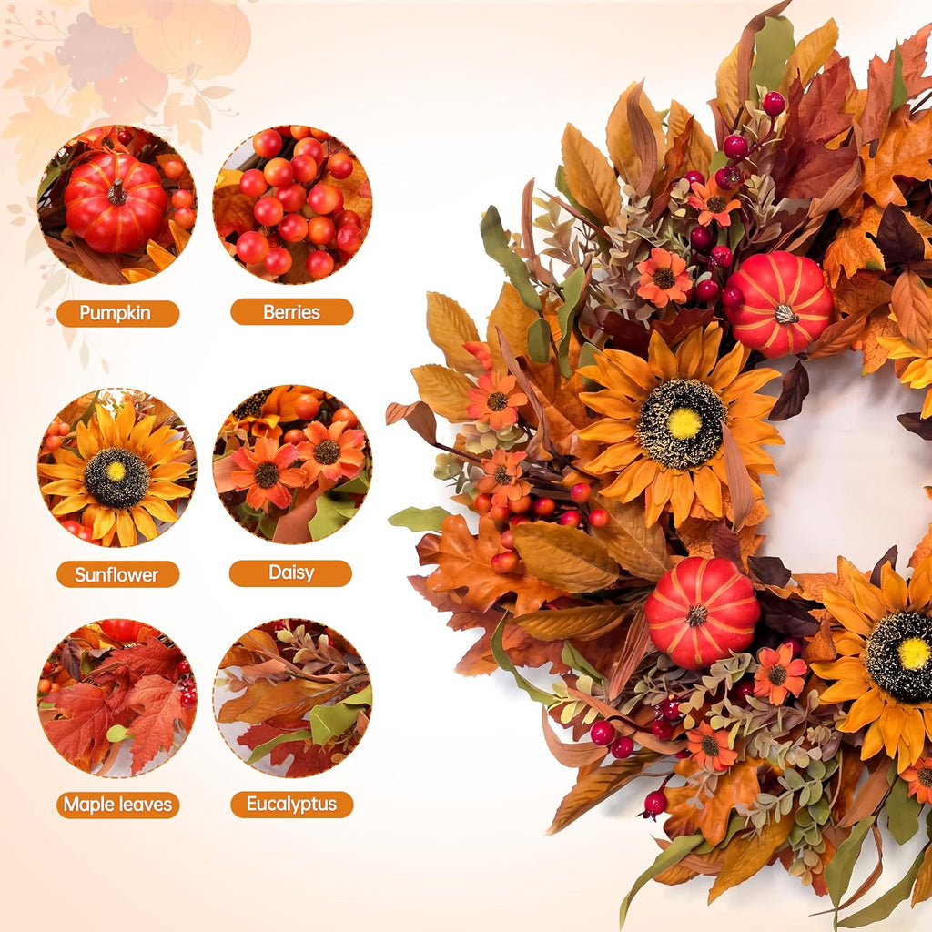Fall Harvest Wreaths for Front Door - Farmhouse Thanksgiving Wreath Decor
