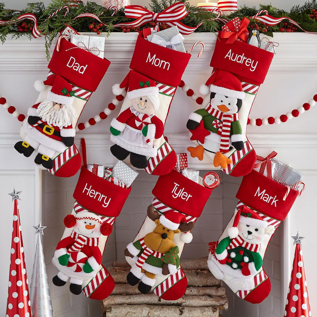 Personalized - Stockings for Family - Embroided - 3-D Plush - Christmas Decor - 8"x18" - Candy Cane Family - Snowman