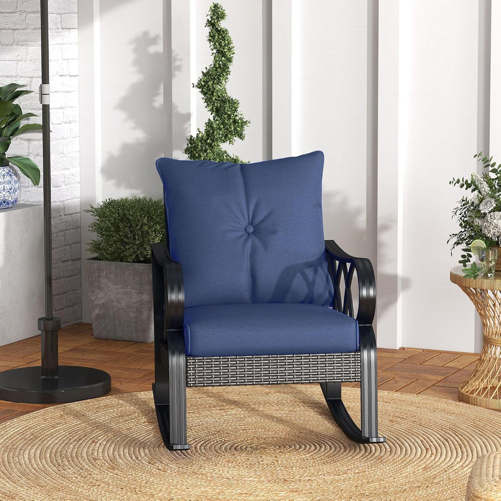 Outdoor Wicker Rocking Chair Padded Cushions Aluminum Navy Blue | Furniture Rattan Porch Rocker Chair, Armrest