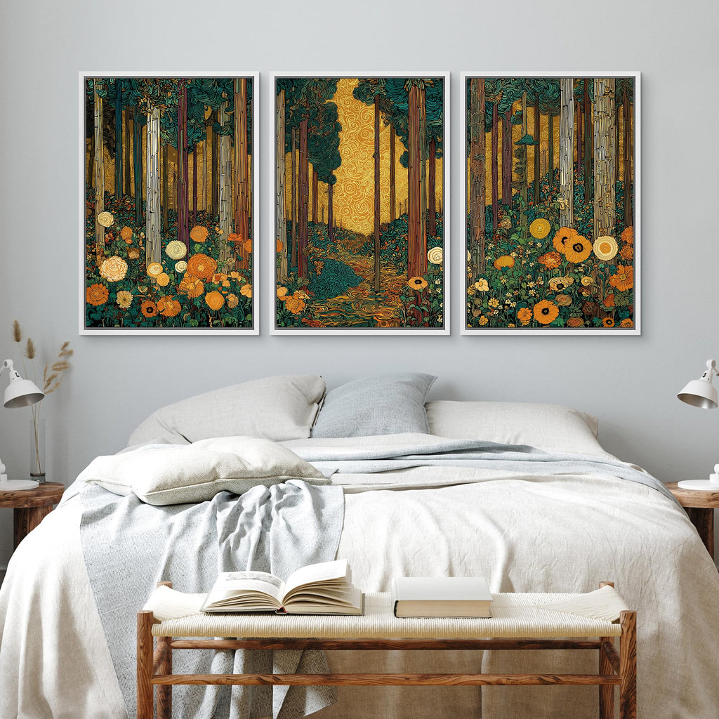Framed Print Wall Art Set Klimt Style Sunlit Forest Vibrant Green and Gold Floral WoodlandDecorative Minimal