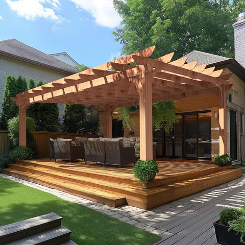 12 x16 FT Wooden Pergola, Cedar Wood Gazebo with Flat Roof, Outdoor Garden Shelter with Stakes Included
