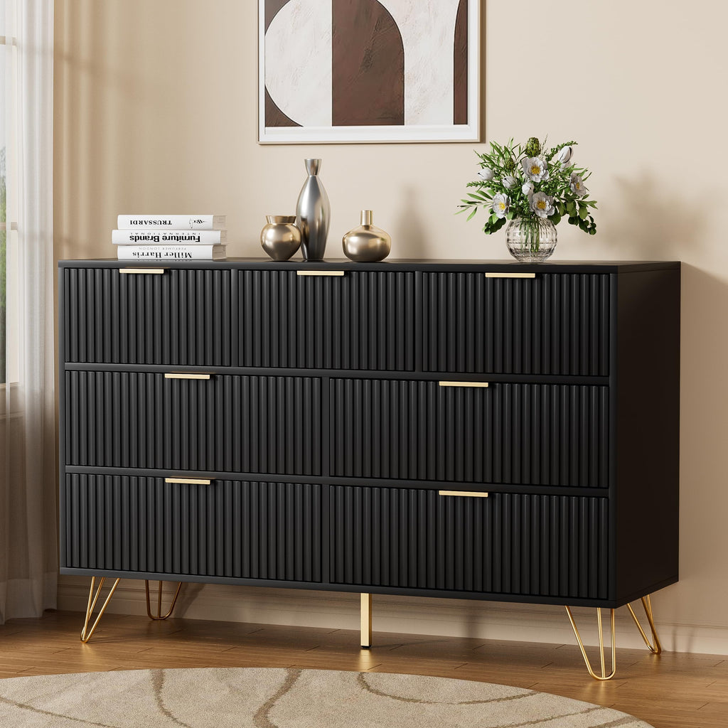 Black 7 Drawer Fluted Dresser with Gold Handles