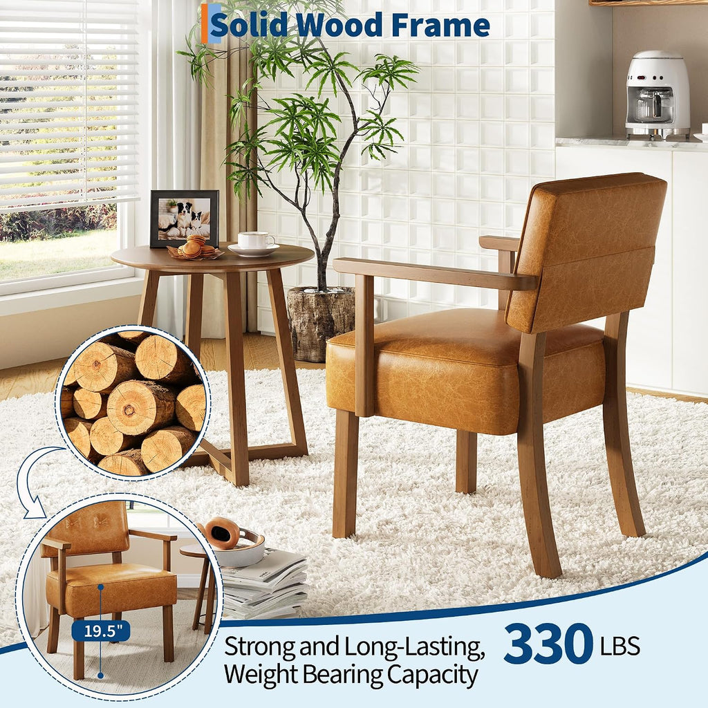 Mid-Century Accent Chair with Wood Frame, PU Leather Upholstered Lounge Arm Chair with Classic Button - Set of 2