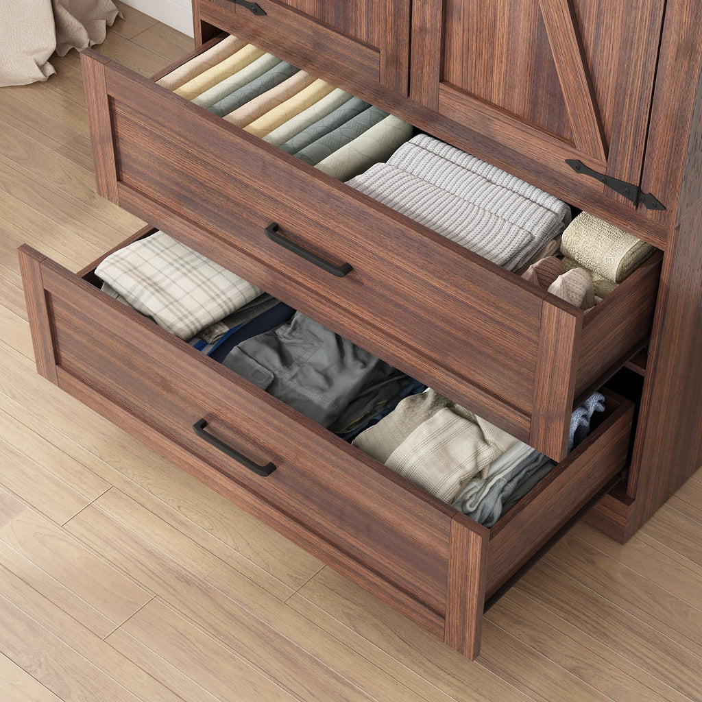 2 Doors Wardrobe Armoire Closet with Doors and Drawers, Farmhouse Wooden Armoire Storage Cabinet with Shelves &