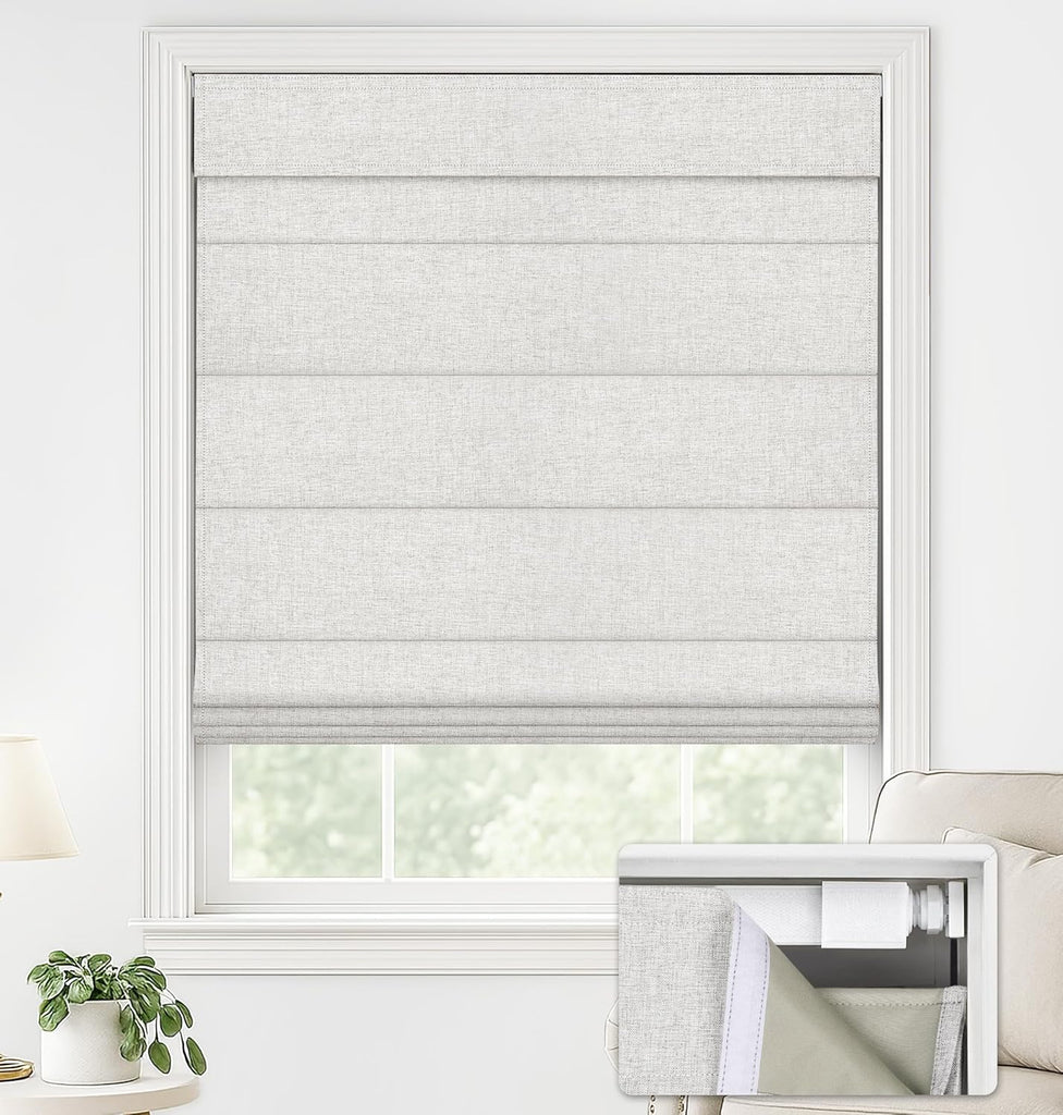 No Drill Roman Shades, Blackout, 34" W x 64" H, Natural | Cordless Blackout Window Shades with UV Protection