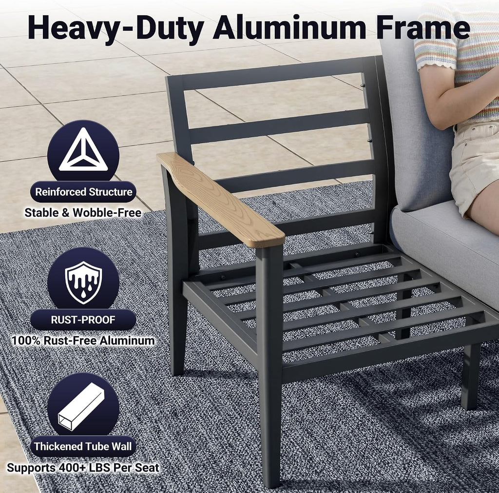 Aluminum Outdoor Patio Furniture Set with 5.1-Inch Cushions | 6-Piece: 3-Seat Sofa, 2 Swivel Rocking Chairs, Side