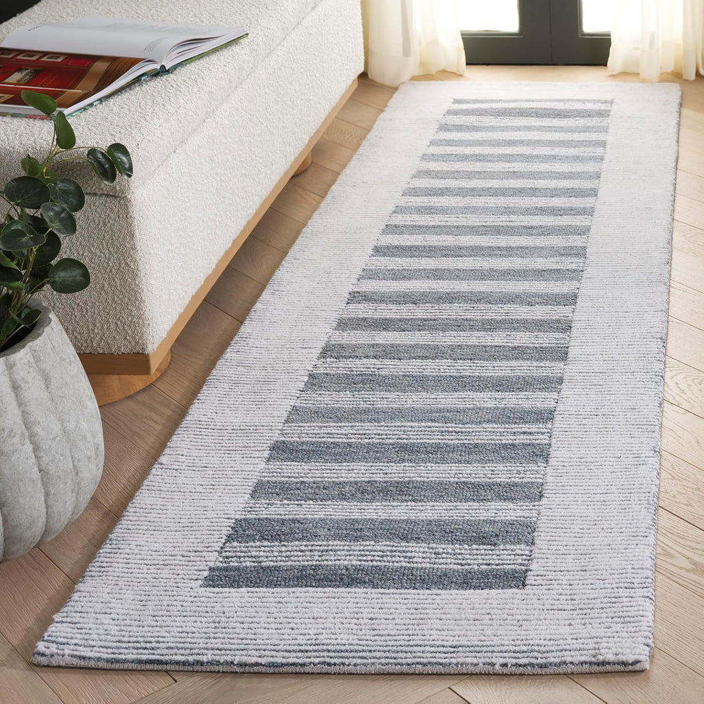 Pine Collection Area Rug - 2'3" x 8' Runner, Blue & Ivory, Handmade Wool, Stripe Pattern, Ideal, Foyer, Entryway