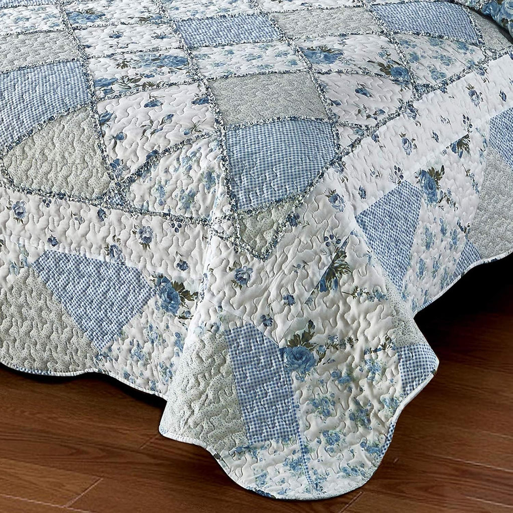 Blue Floral Patchwork Quilt Set, Full Queen, 3 Piece Bedding Set with 2 Pillowcases
