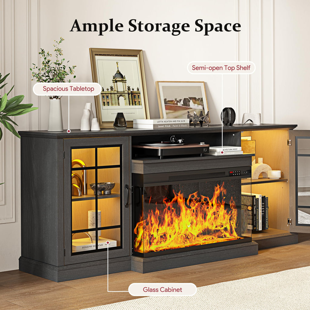 80'' Fireplace TV Stand, Farmhouse Entertainment Center with 3 Sided Glass TV Stand, Modern Media Console Table with