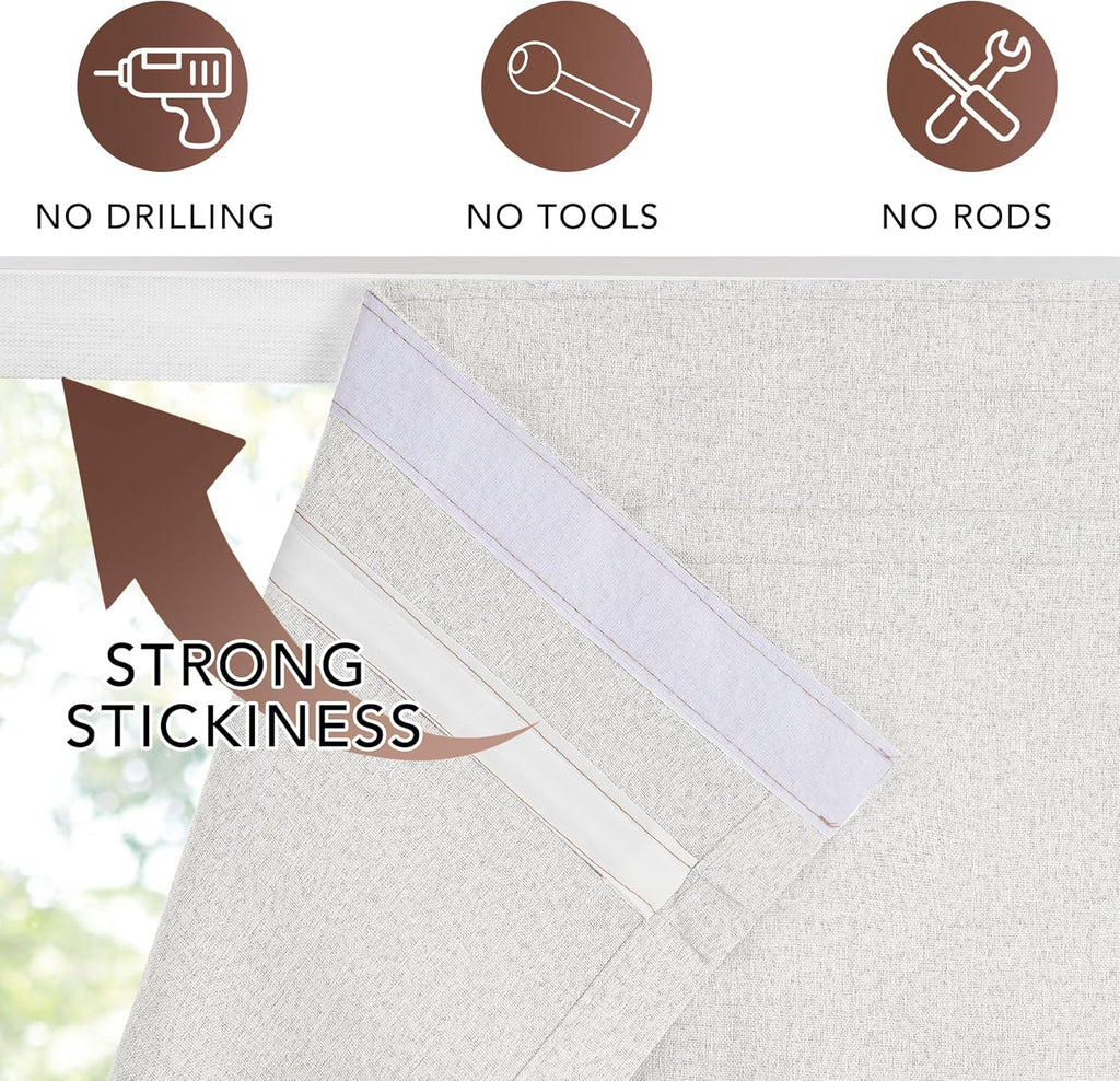 Linen 100% Blackout Roman Shade for Doors, No Drill Cordless Thermal Insulated French Door Curtain, Adhesive Top &