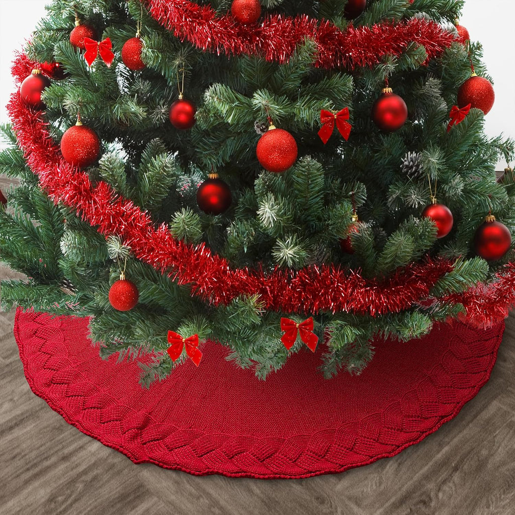 Christmas Tree Skirt, 36", Red Knitted Christmas Skirt Tree
