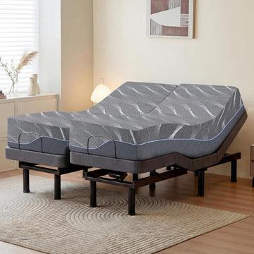 Split King Adjustable Bed Frame with Massage + 14 Inch Gray Gel Medium Firm Memory Foam Mattress in a Box, Bed Base - Set of 4