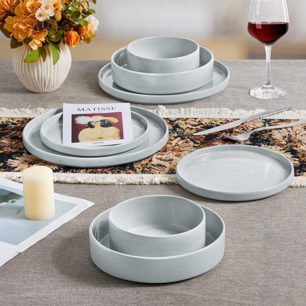 Stoneware Dinnerware Set with Salad Bowls, 8 Piece Plates and Pasta Cereal Bowls for 2, Kitchen Dinner Dish Set