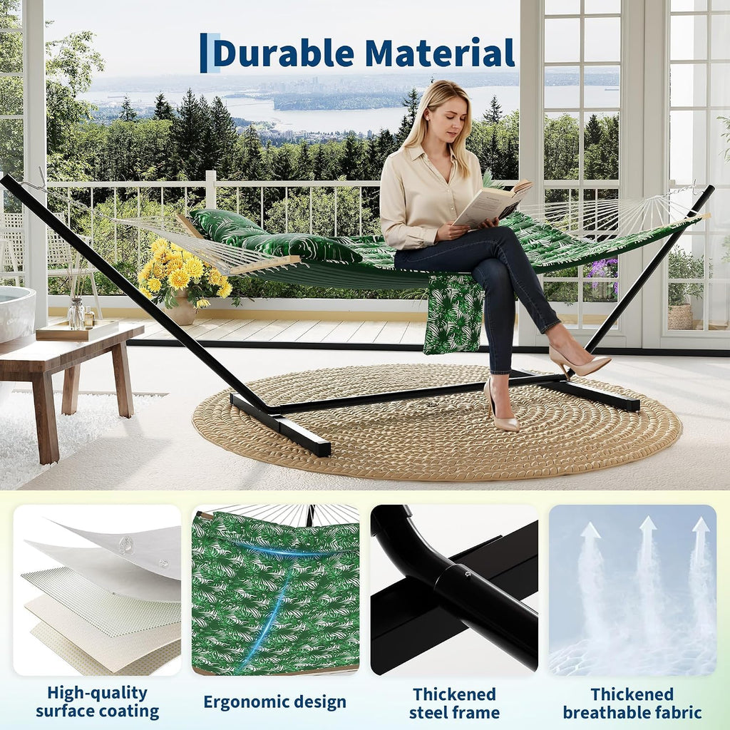 2 Person Outdoor Hammock with Stand, Green Banana Leaf Color | 450 LBS Heavy Duty Anti-Tipping Frame with Balance
