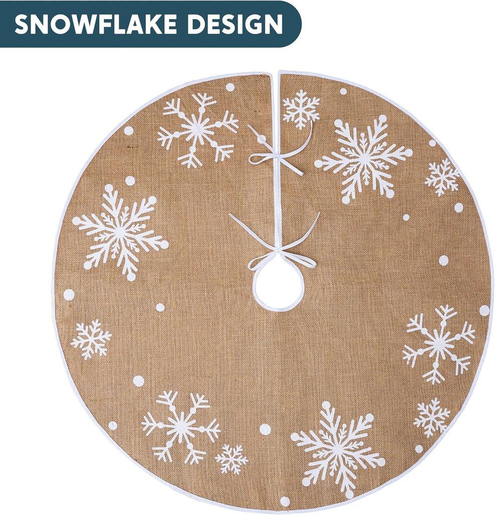 36" Christmas Burlap Tree Skirt with Snowflakes, Decoration for Xmas Home Holiday Indoor Outdoor Seasonal Decors