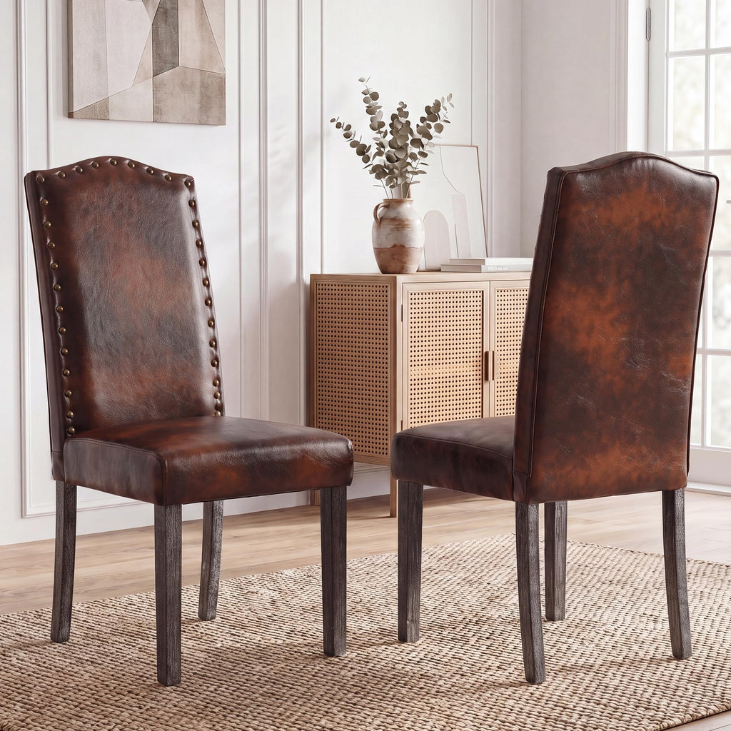 PU Dining Chair Upholstered Parsons Kitchen Chair with Copper Nails and Solid Wood Legs, Restaurant (Vintage Brown