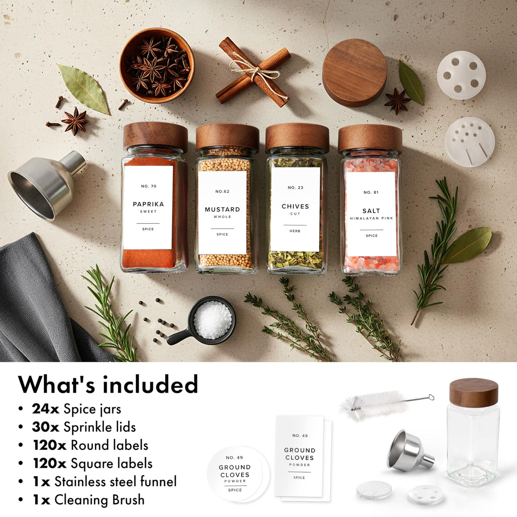 Glass Spice Jars with Label, 24x Acacia Wooden Lids - White Labels