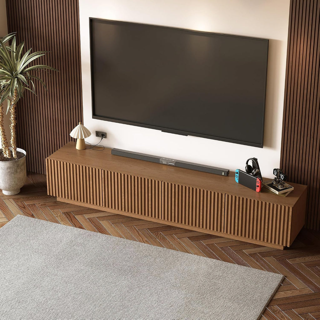 86.61" Mid-Century Modern TV Stand, Walnut Entertainment Center with 4 Doors & Adjustable Shelves, Large Wooden Media