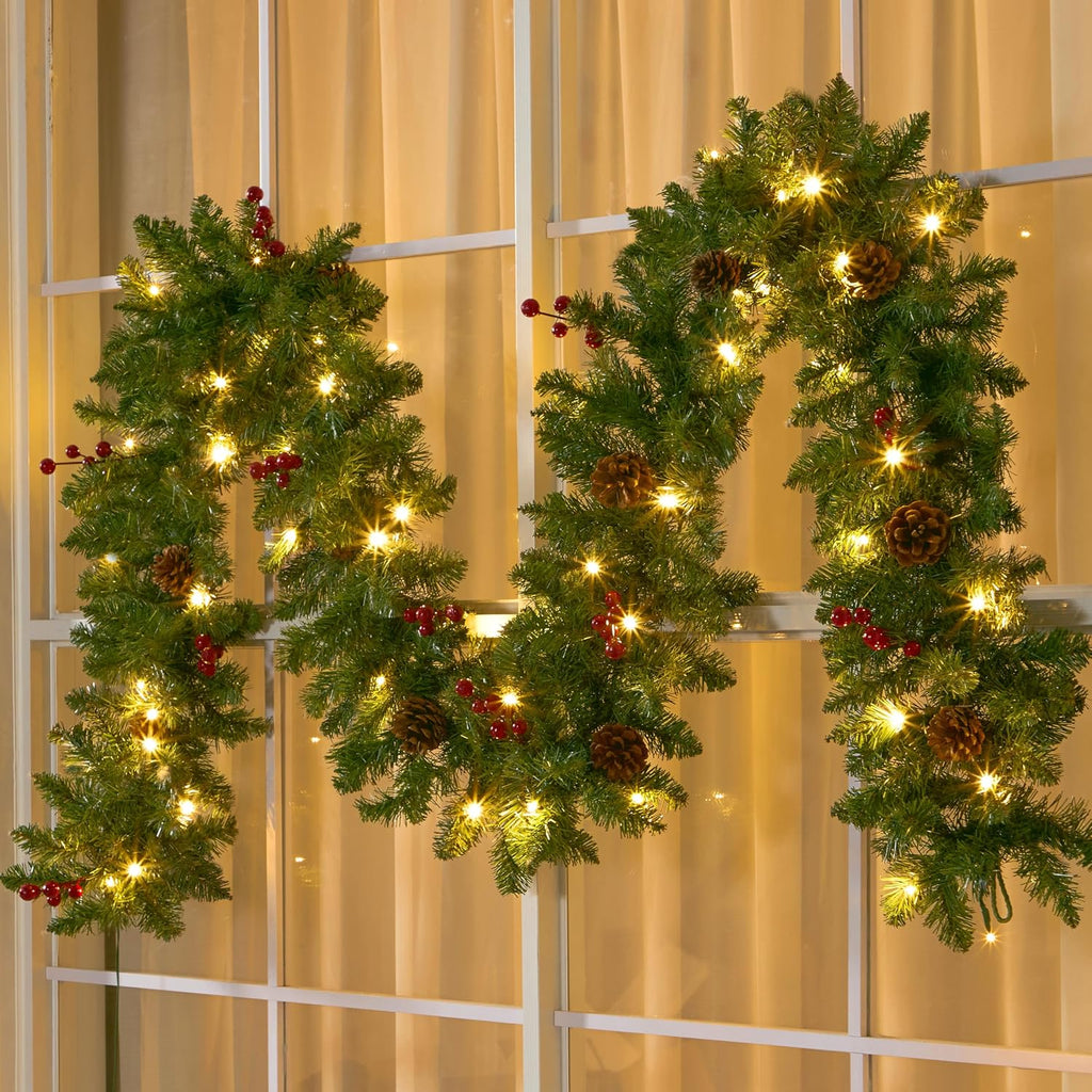 Prelit with Lights, 100 Warm White LED, 27 Pine Cones, 27 Red Berries Christmas Indoor and Outdoor Decorations