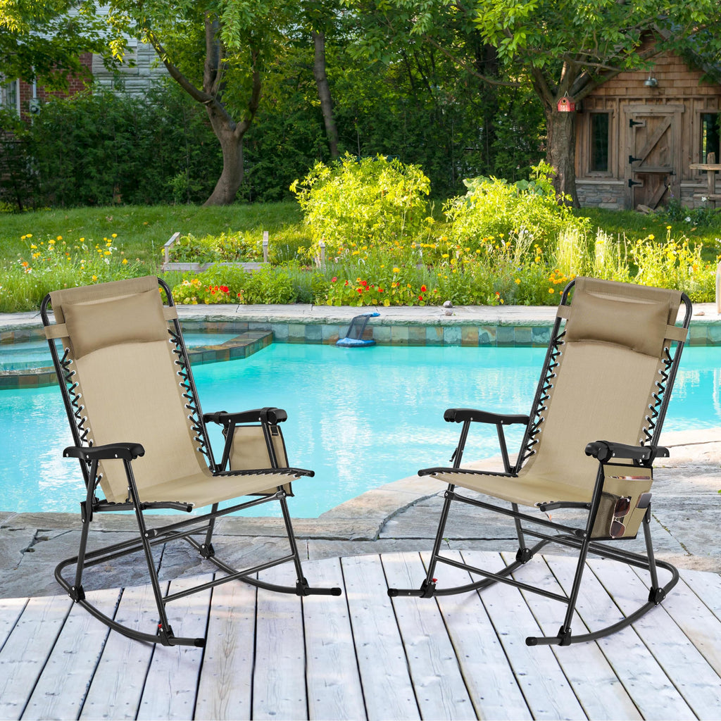 Patio Rocking Chair Folding Camping Chair with Pocket, Beige