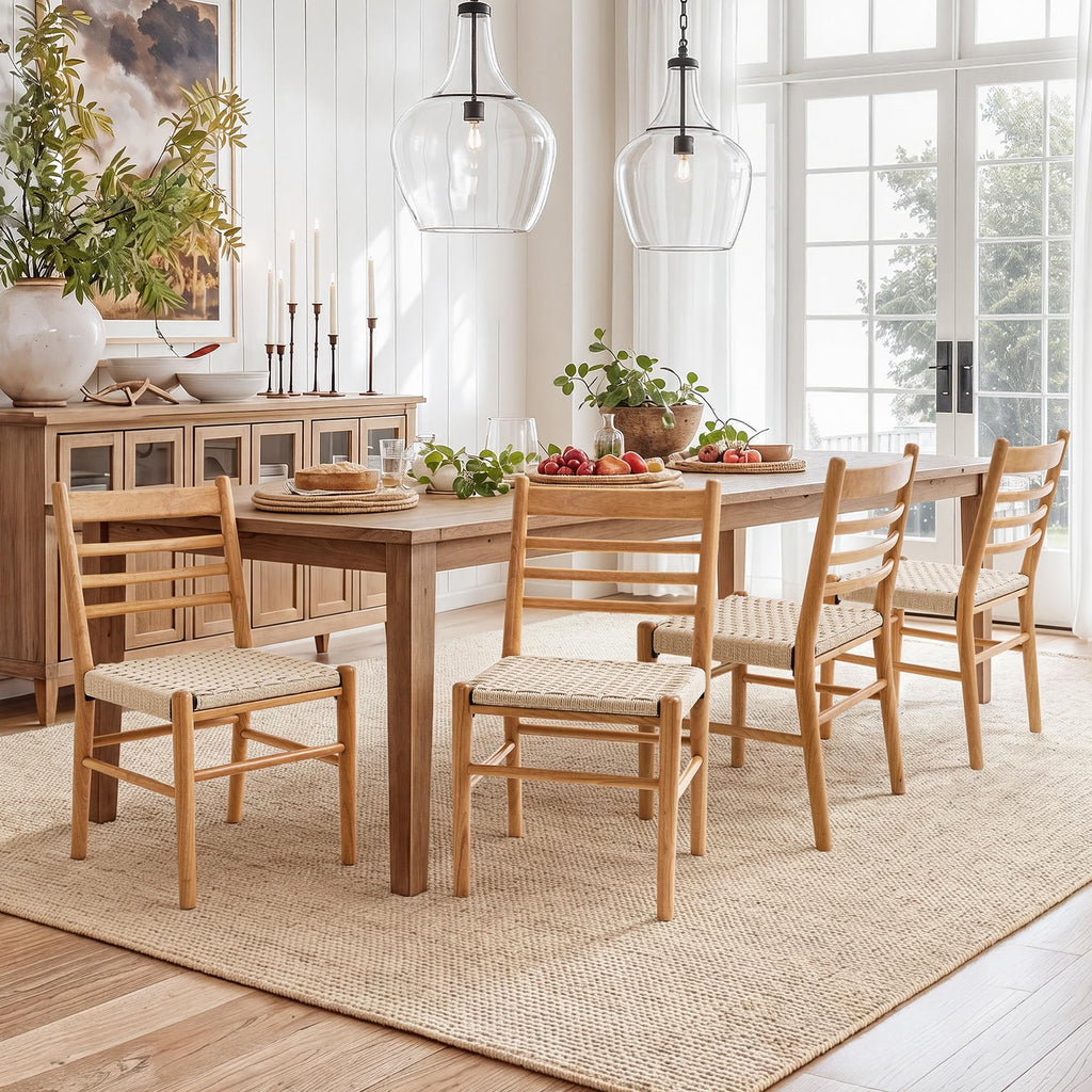 Dining Chairs Set of 4, Mid Century Modern Solid Rubberwood Ladder Back Wicker Chairs, Hand Woven Rattan Paper Rope