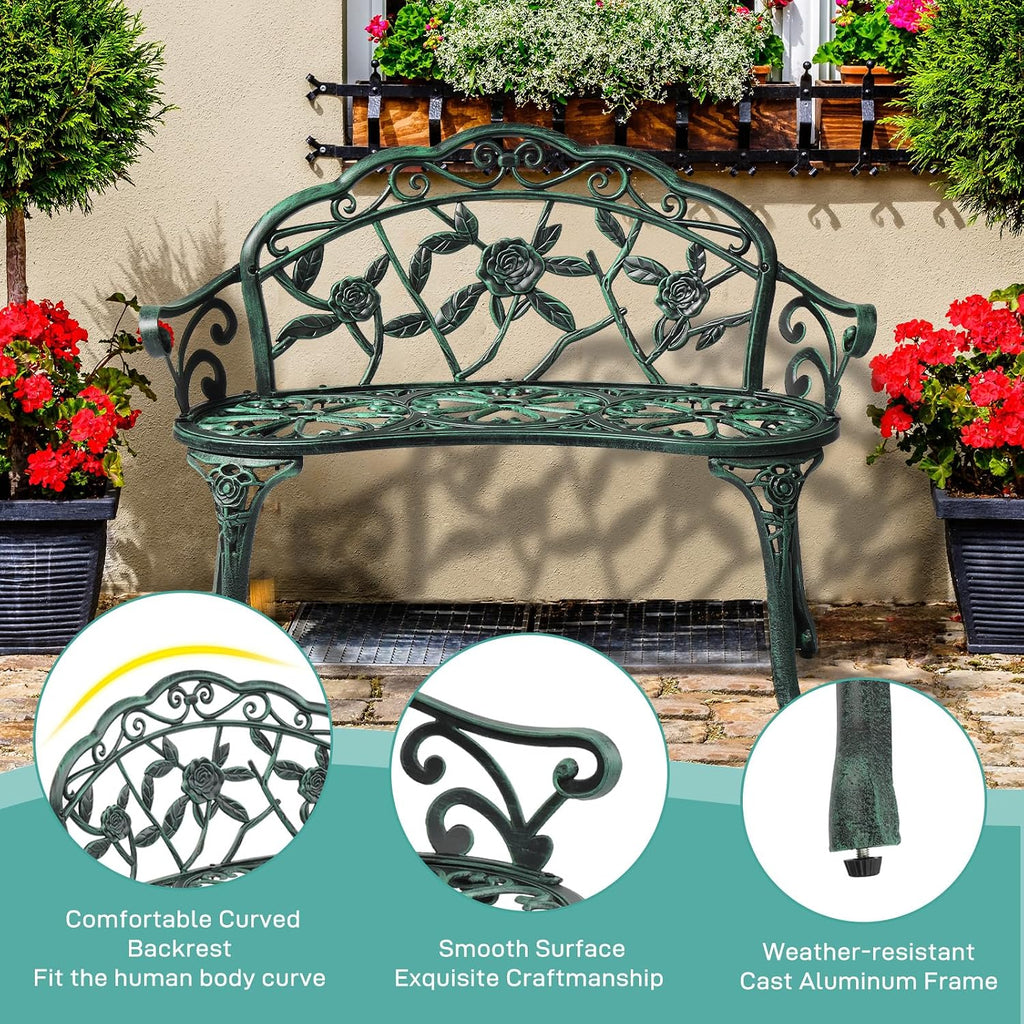 Outdoor Metal Patio Bench, Vintage Porch Bench with Rose Pattern and Curved Legs, Weather Resistant Garden Chair for