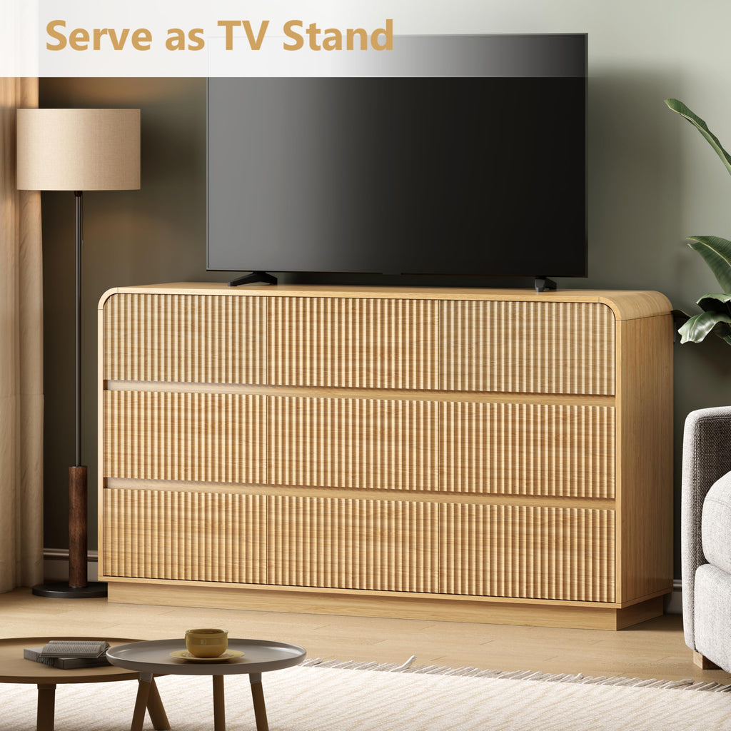 Oak Dresser Fluted 9 Drawers Dresser, 59" Wide Wood Chest of Drawers with Hidden Handles & Rounded Corners, Modern
