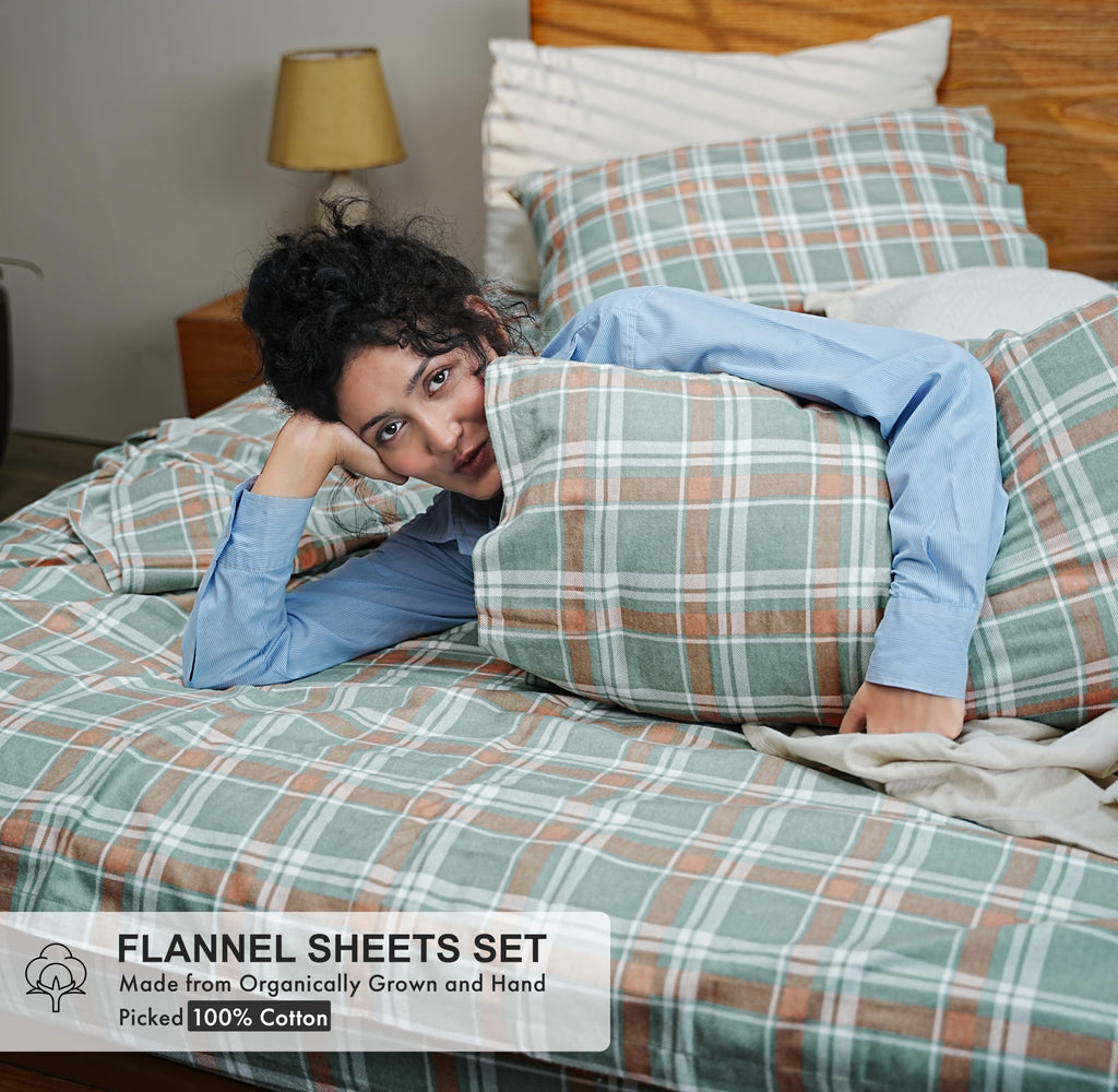 100% Organic Cotton Flannel Sheets Queen Size Bed Set, Spruce Blue