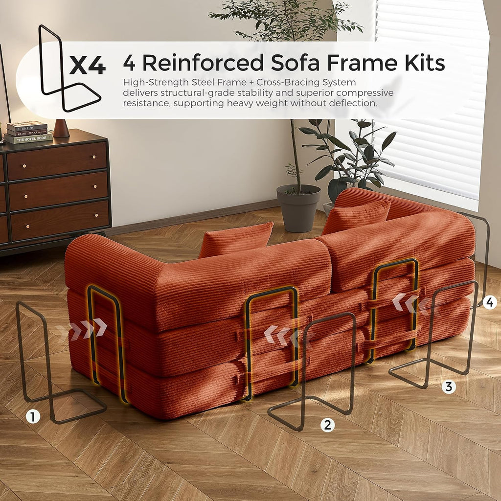 79" Convertible Futon Sofa Bed, Boneless Couch | Orange | Folding Corduroy Boneless Sleeper Sofa, Modular Futon Couch