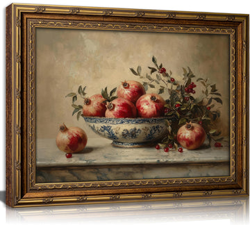 Vintage Gold Framed Pomegranate Still Life Wall Art, Moody Retro Fruit Oil Painting Canvas Print, Antique Bowl and