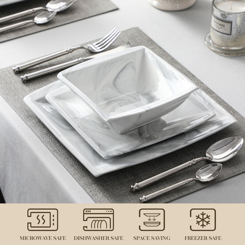 Plates and Bowls Sets, 12-Piece Porcelain Dinnerware Sets for 4, Square Plates and Bowls for Dessert, Salad and Soup