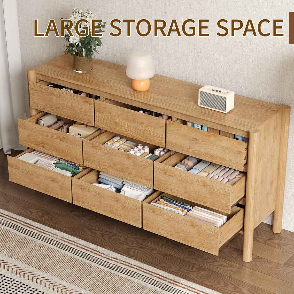 63" Wide Oak 9 Drawer Dresser with Solid Wood Legs