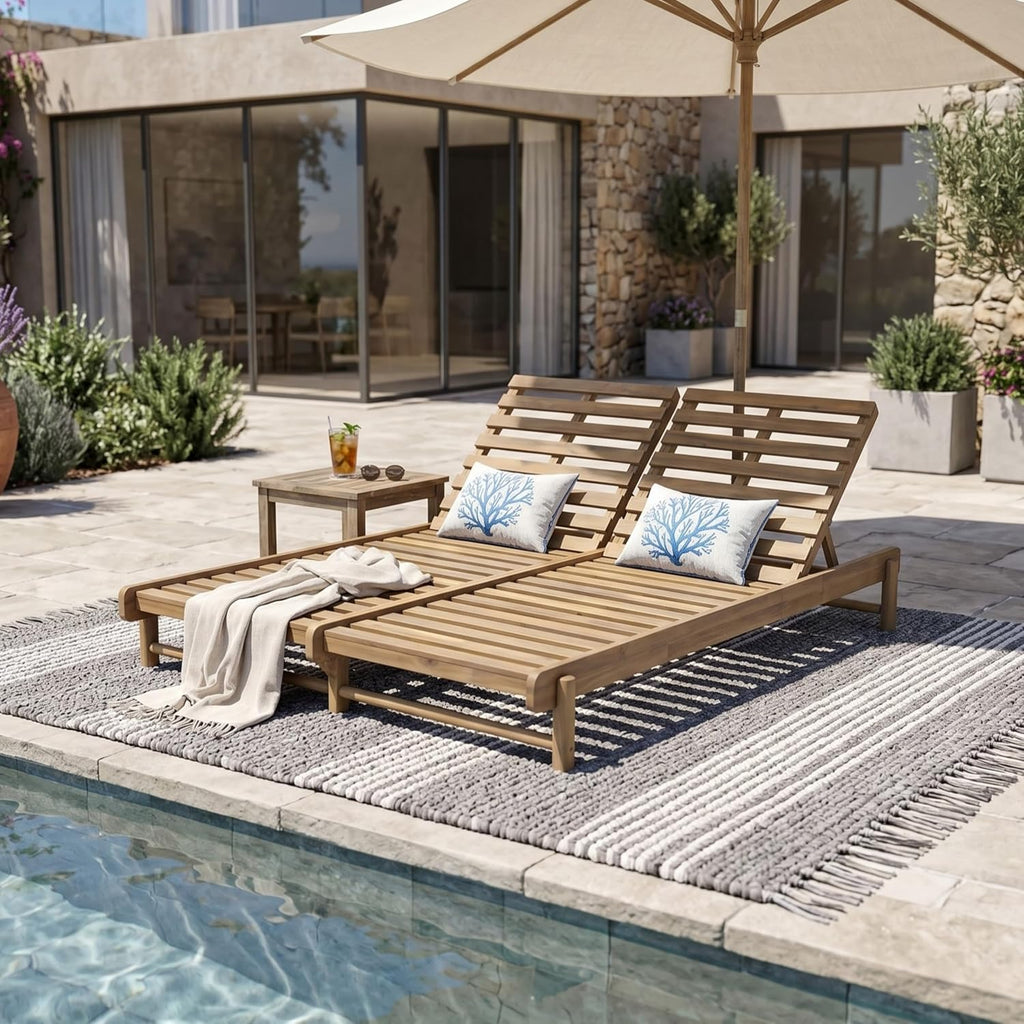 Double Outdoor Chaise Lounge Frame with 3-Position Adjustable Backrest, 2 Piece Acacia Wood Recliner Chair