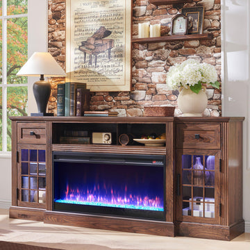 Farmhouse Fireplace TV Stand for 80Inch TV with Crystal Fireplace, Brown
