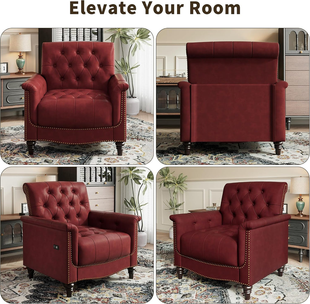 Mid Century Accent Chair, Faux Leather Armchair with Wooden Legs, Wine Red