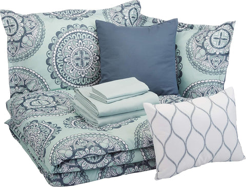 10-Piece Bed-in-a-Bag Comforter Set, Soft, Lightweight Microfiber, Full/Queen, Sea Foam Medallion